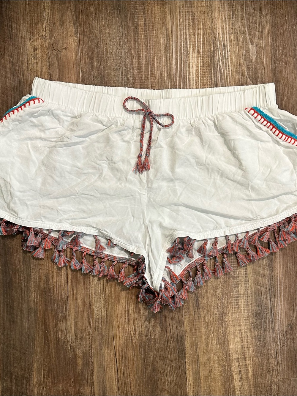 Cacique White Swim Coverup Shorts with Coral Tassel Trim 14/16